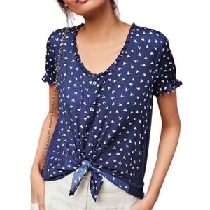 Anthropologie Dolan Sydney Ruffled Button Down Short Sleeve Blouse Bird Print XS